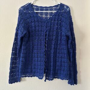 Vintage Womens Crochet Floral Cardigan Lace Cutout Sweater Size M Boho Coastal